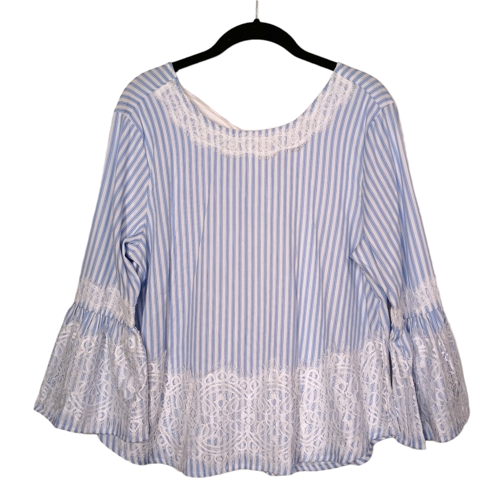 STAR STYLE Light Blue White Stripe Print Lace Bell Flare Sleeve Top Large NWT